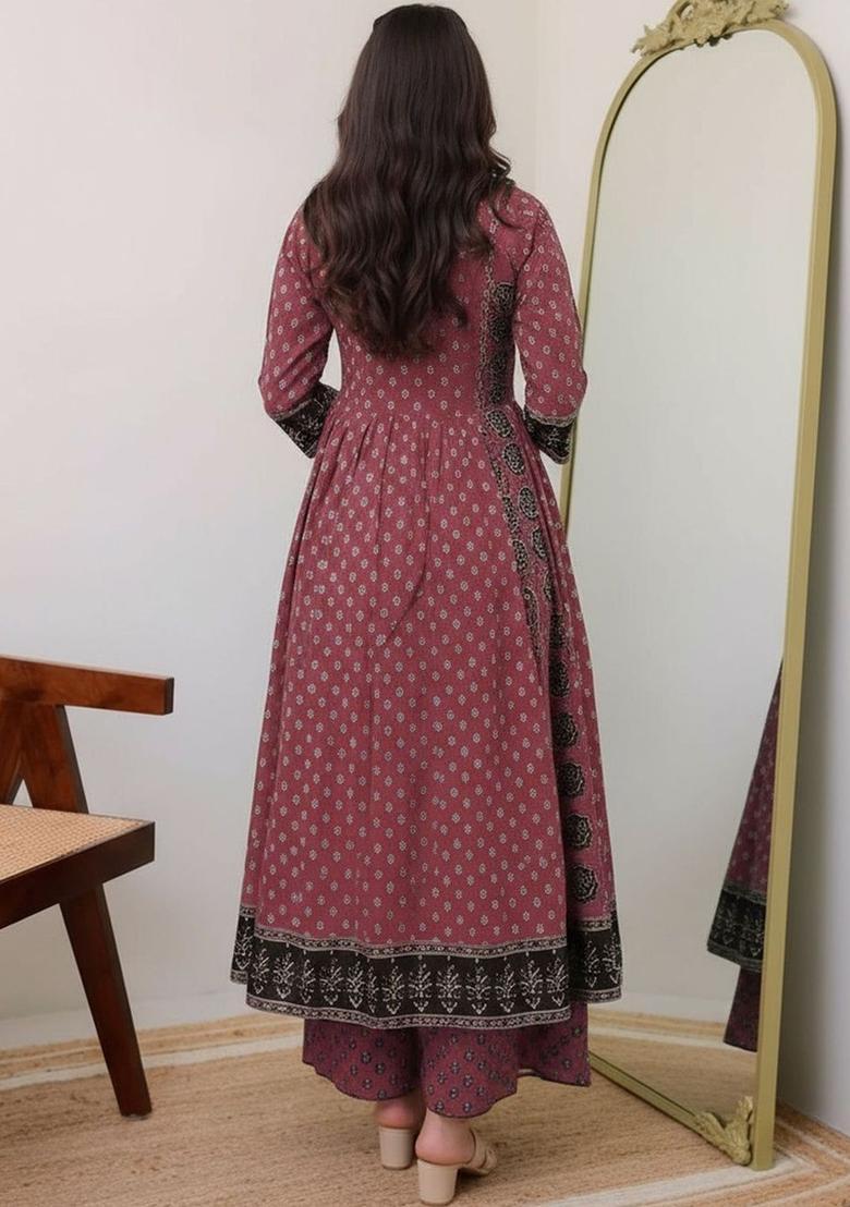 Purple Printed Viscose Anarkali Set - Indya