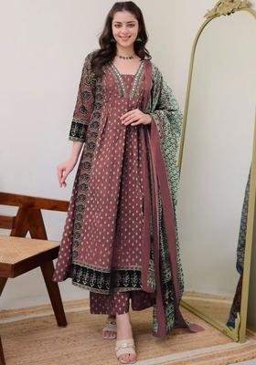 Maroon Printed Viscose Kurta Set