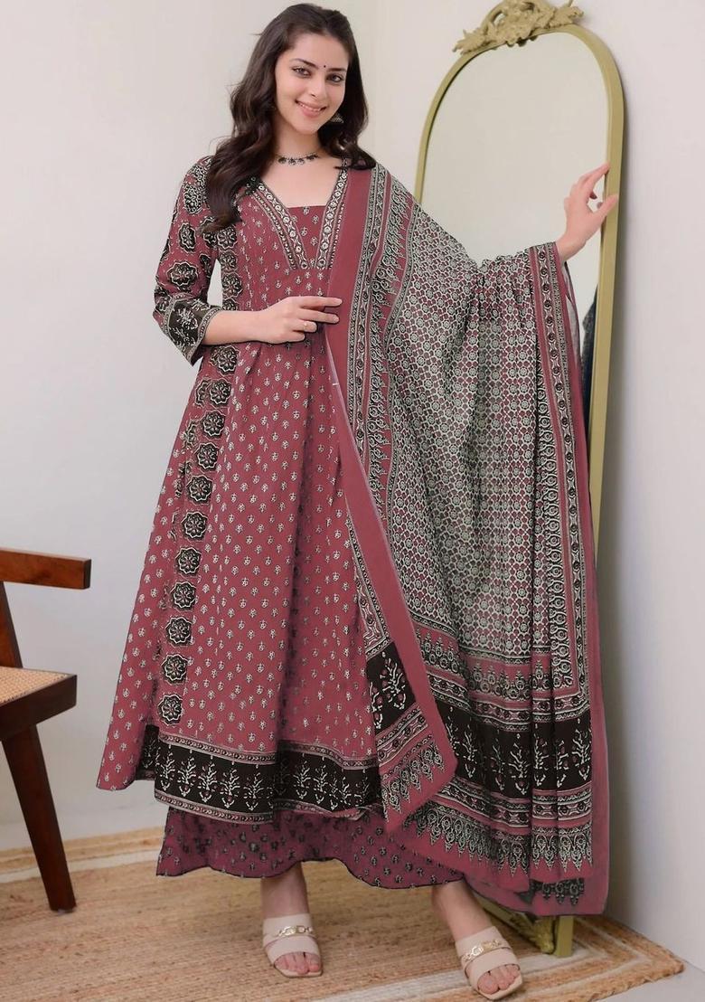 Maroon Printed Viscose Kurta Set - Indya