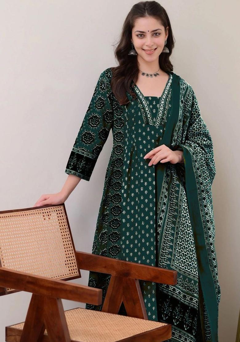 Green Printed Viscose Kurta Set - Indya