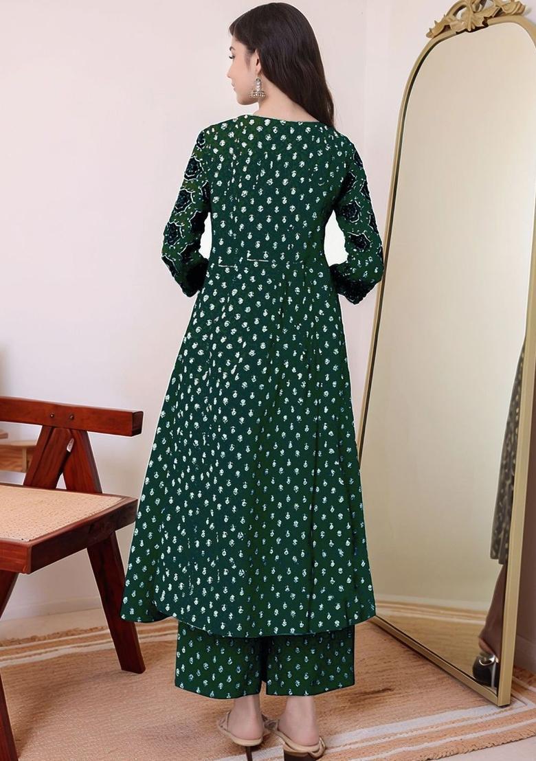 Green Printed Viscose Kurta Set - Indya