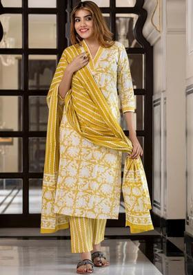 Mustard Printed Cotton Kurta Set