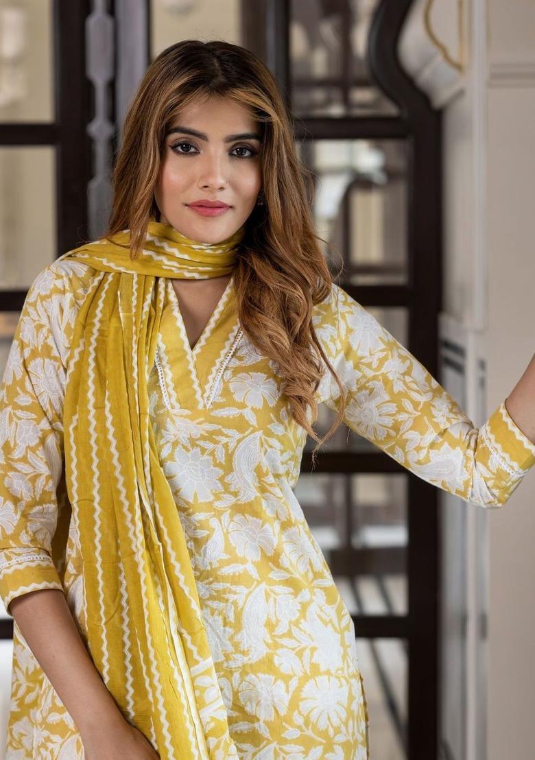 Mustard Printed Cotton Kurta Set - Indya
