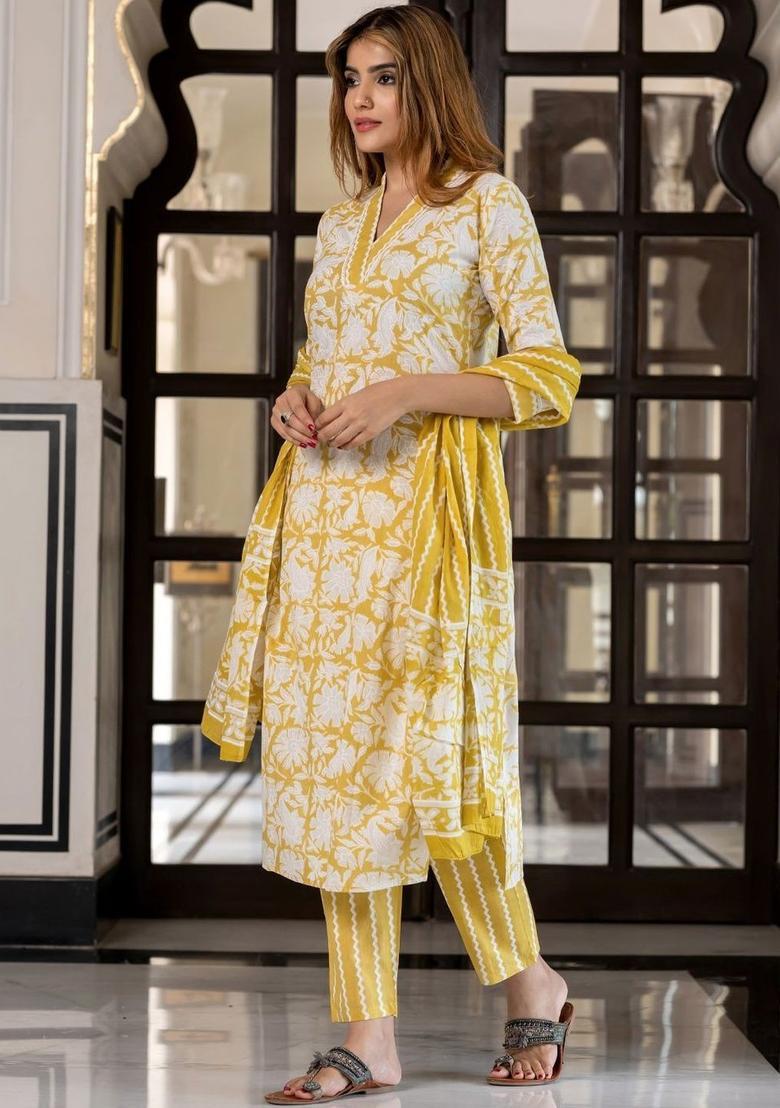 Mustard Printed Cotton Kurta Set - Indya