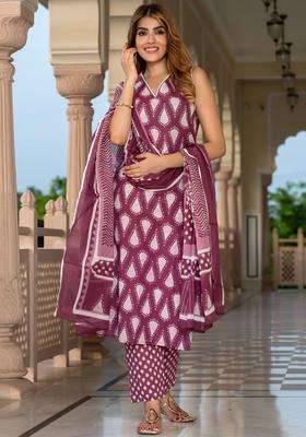 Burgundy Printed Cotton Kurta Set