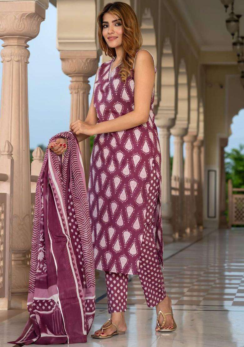Burgundy Printed Cotton Kurta Set - Indya
