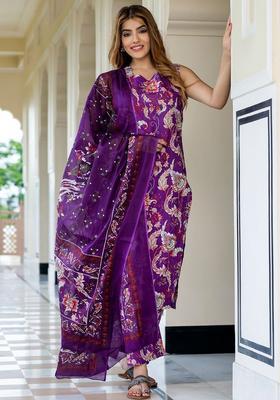 Purple Printed Cotton Kurta Set