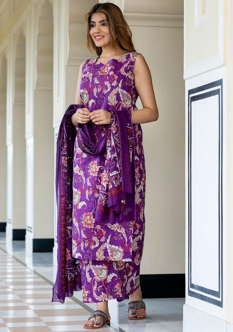 Purple Printed Cotton Kurta Set - Indya