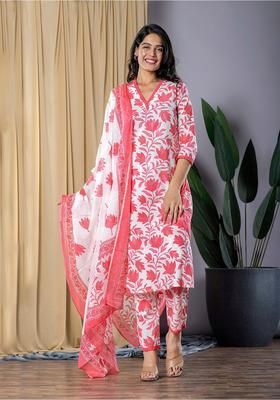 Red Printed Cotton Kurta Set