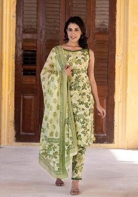 Green Printed Cotton Kurta Set