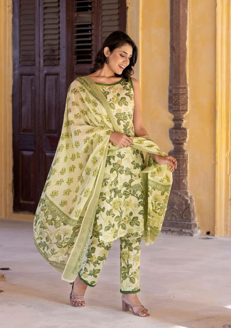 Green Printed Cotton Kurta Set - Indya