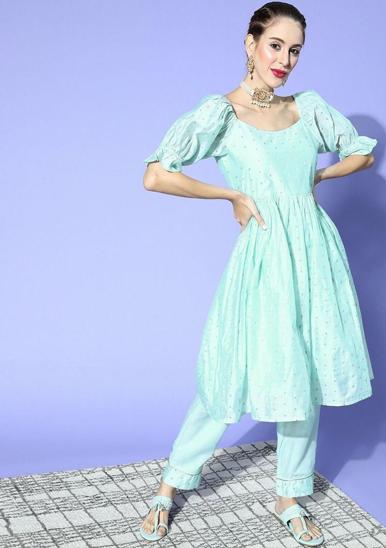 Blue Woven Design Chanderi Kurta Set - Indya