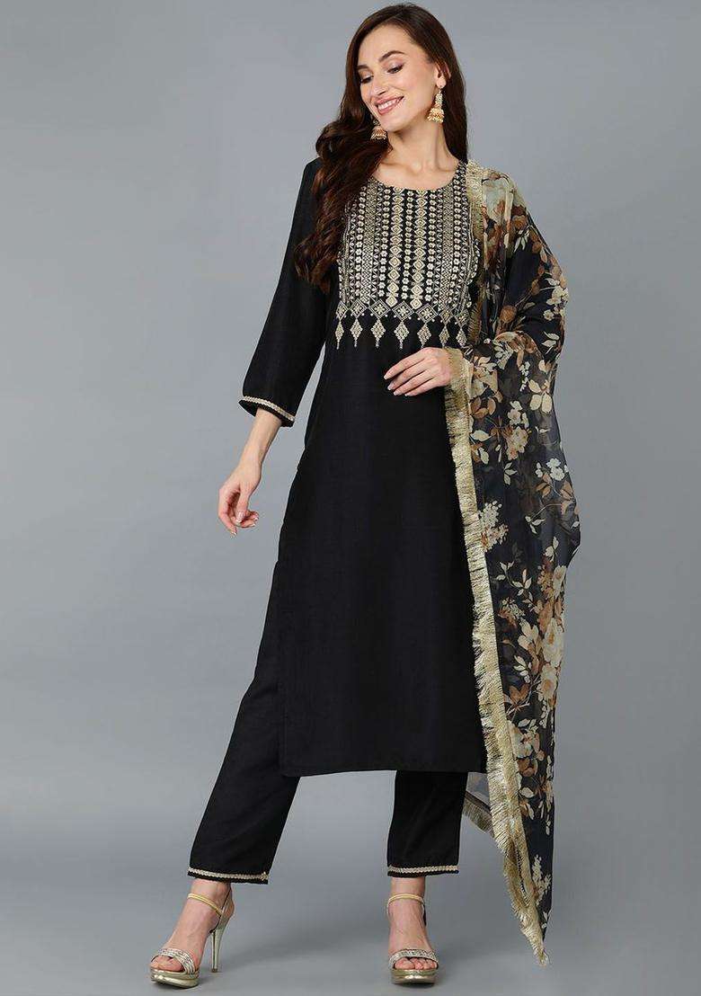Black Embroidered Silk Kurta Set - Indya