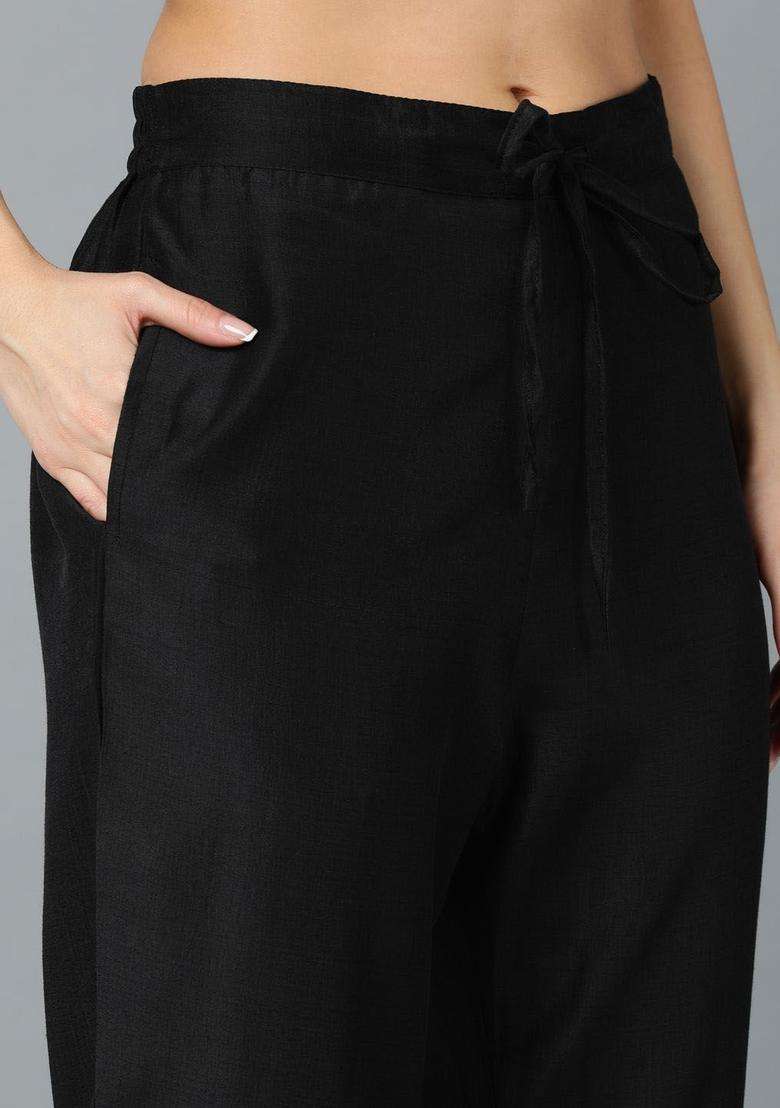 Black Embroidered Silk Kurta Set - Indya