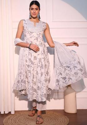 Green Printed Cotton Anarkali Set