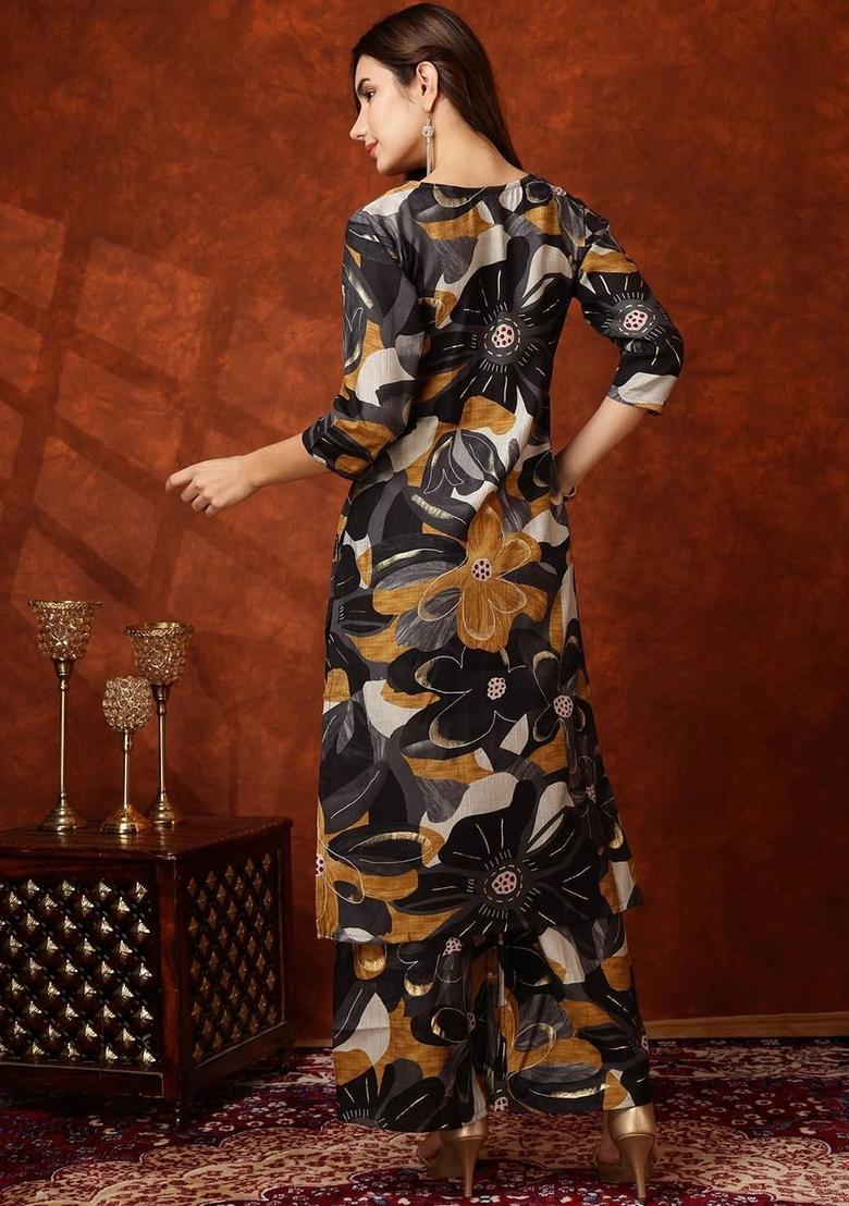 Black Printed Silk Kurta Set - Indya