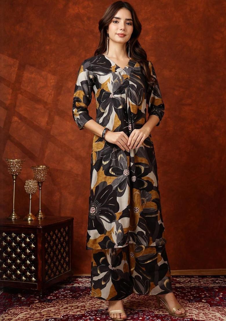 Black Printed Silk Kurta Set - Indya
