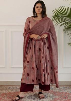 Peach Printed Viscose Kurta Set
