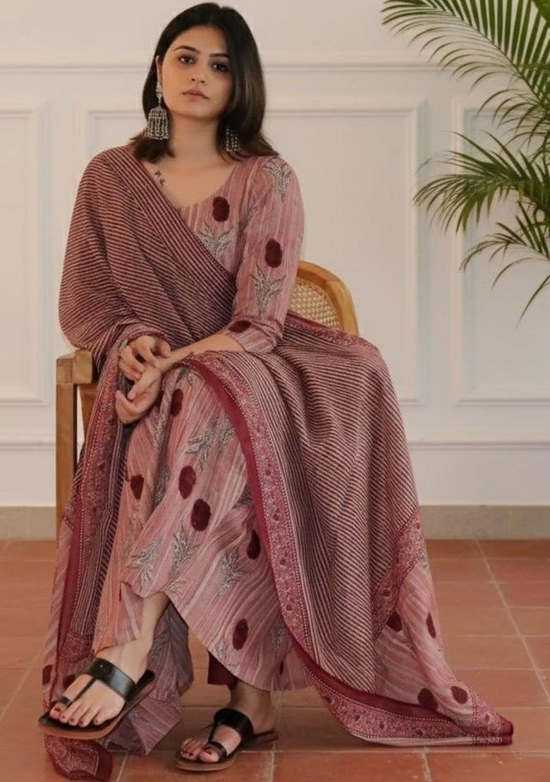 Peach Printed Viscose Kurta Set - Indya
