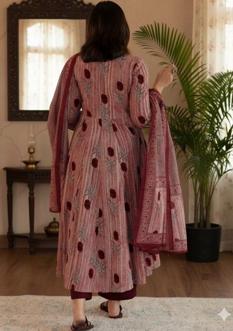 Peach Printed Viscose Kurta Set - Indya