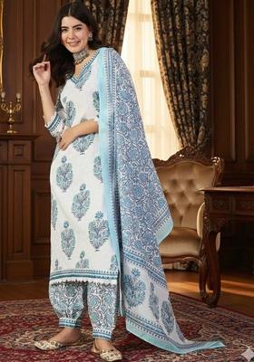 White Printed Viscose Kurta Set