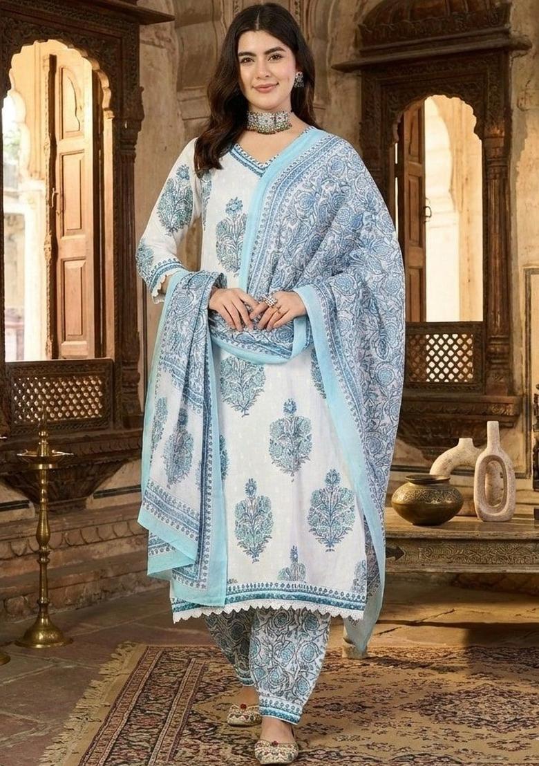 White Printed Viscose Kurta Set - Indya