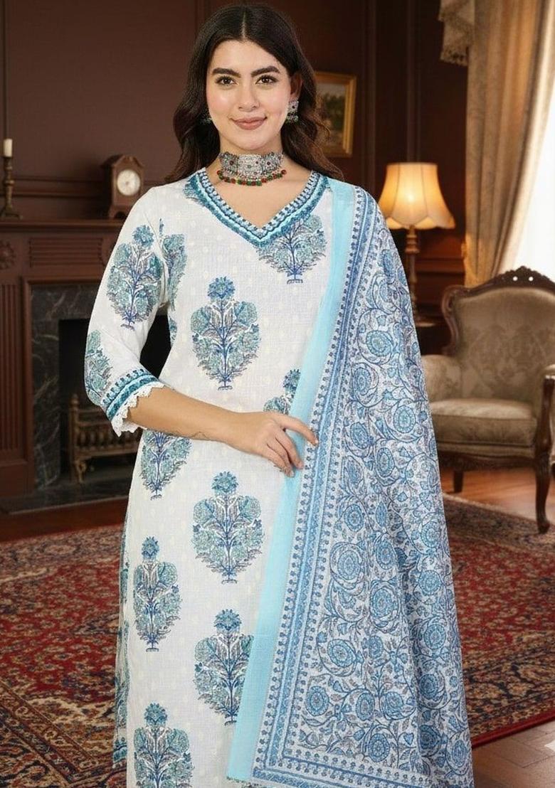 White Printed Viscose Kurta Set - Indya