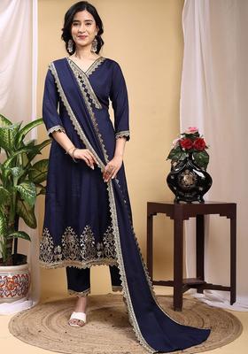 Navy Blue Embroidered Silk Kurta Set