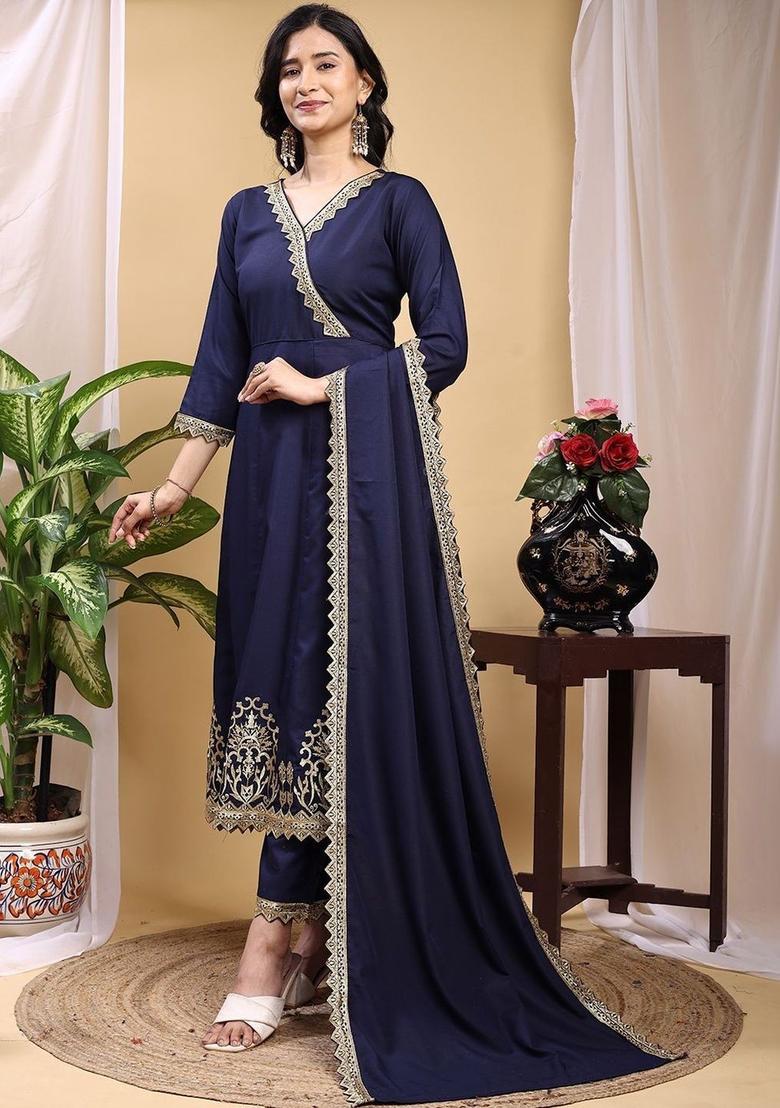 Navy Blue Embroidered Silk Kurta Set - Indya