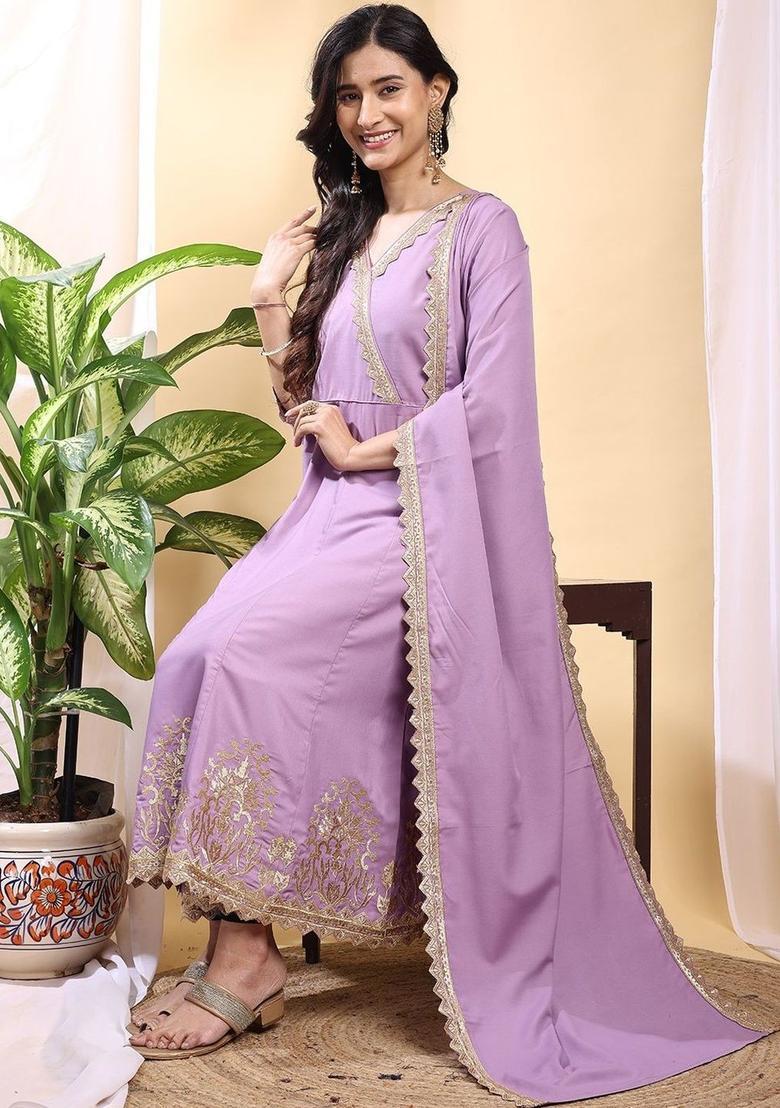 Lavender Embroidered Silk Kurta Set - Indya
