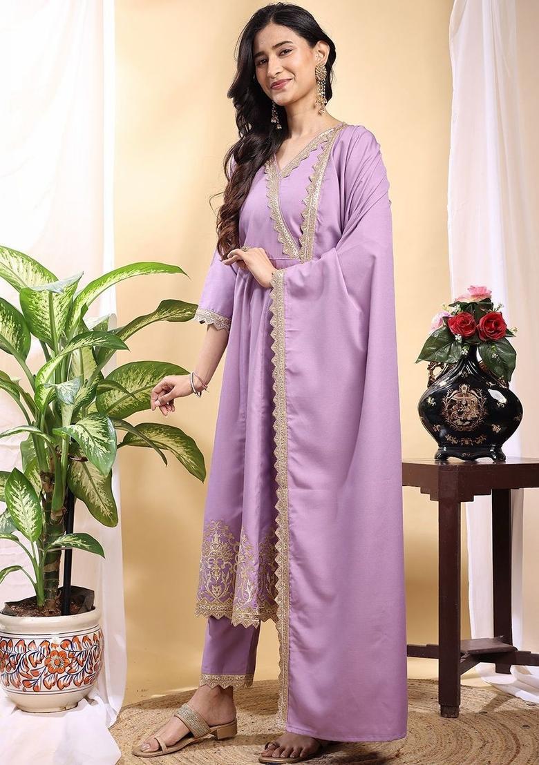 Lavender Embroidered Silk Kurta Set - Indya