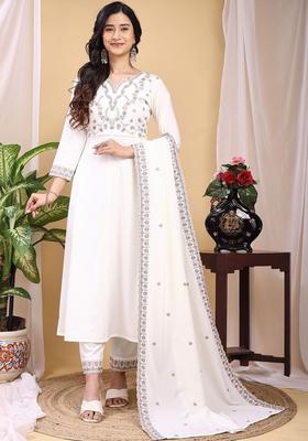 White Embroidered Silk Kurta Set