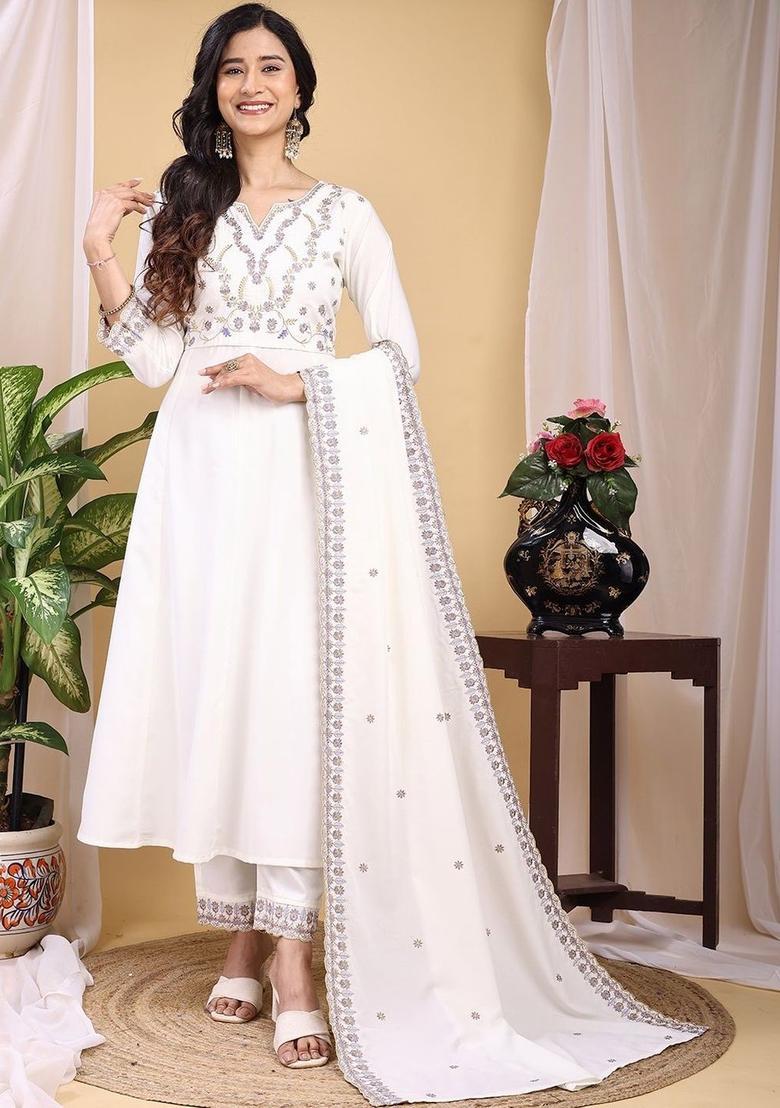 White Embroidered Silk Kurta Set - Indya