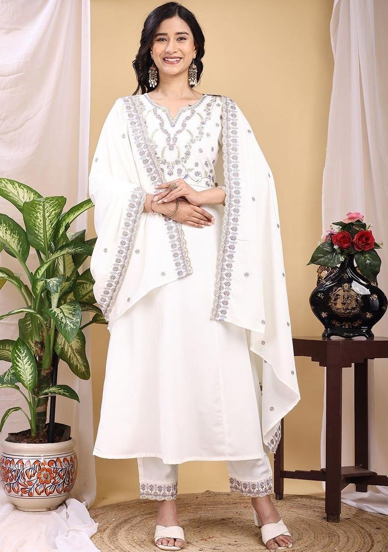 White Embroidered Silk Kurta Set - Indya