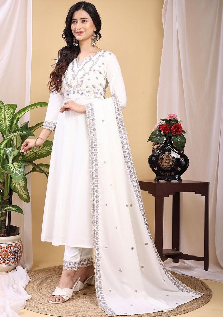 White Embroidered Silk Kurta Set - Indya