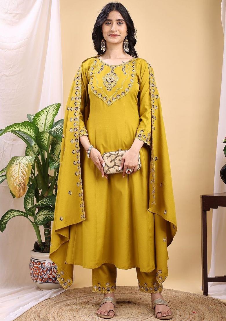 Mustard Embroidered Silk Kurta Set - Indya