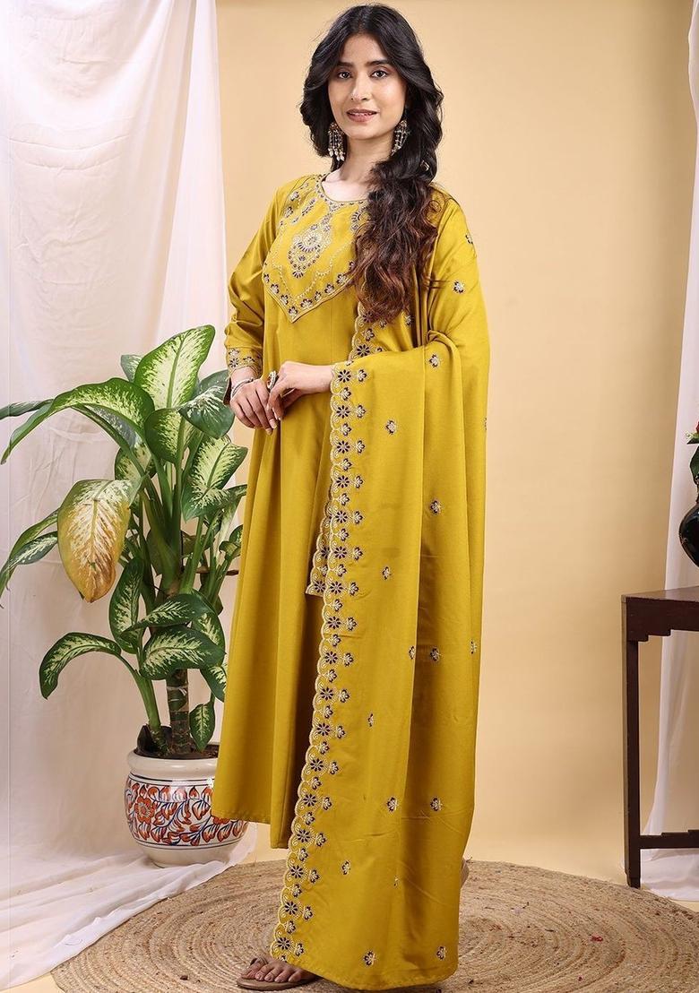 Mustard Embroidered Silk Kurta Set - Indya