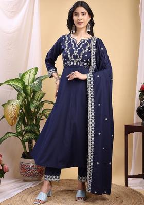 Navy Blue Embroidered Silk Kurta Set