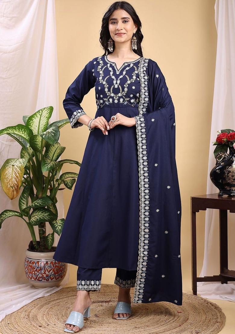 Navy Blue Embroidered Silk Kurta Set - Indya