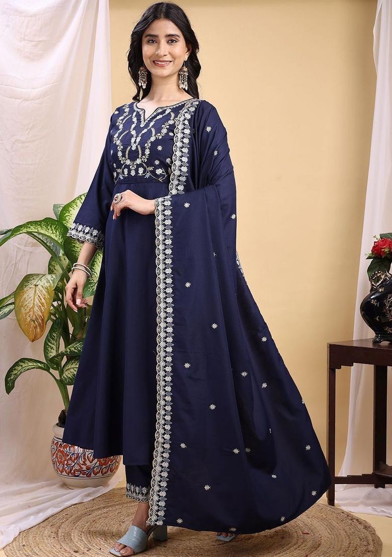 Navy Blue Embroidered Silk Kurta Set - Indya