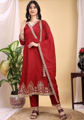 Maroon Embroidered Silk Kurta Set