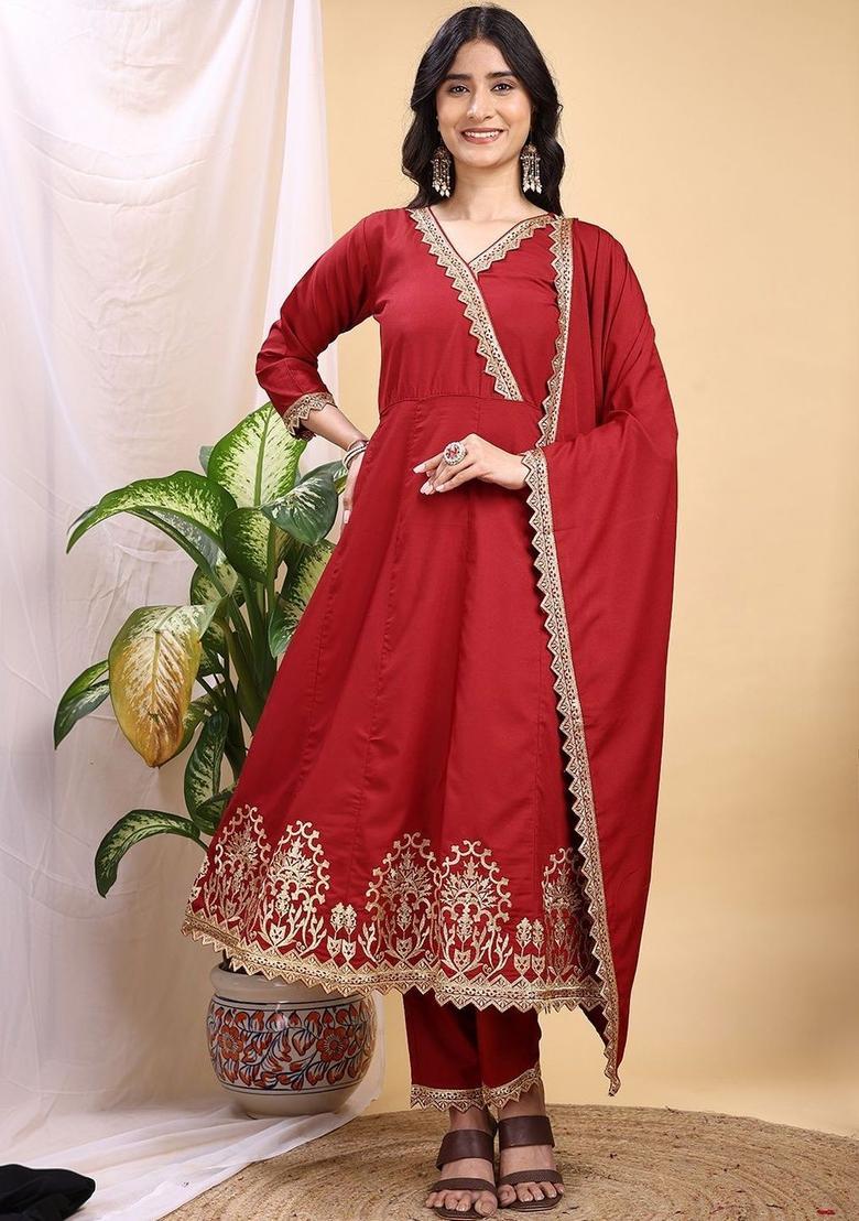 Maroon Embroidered Silk Kurta Set - Indya
