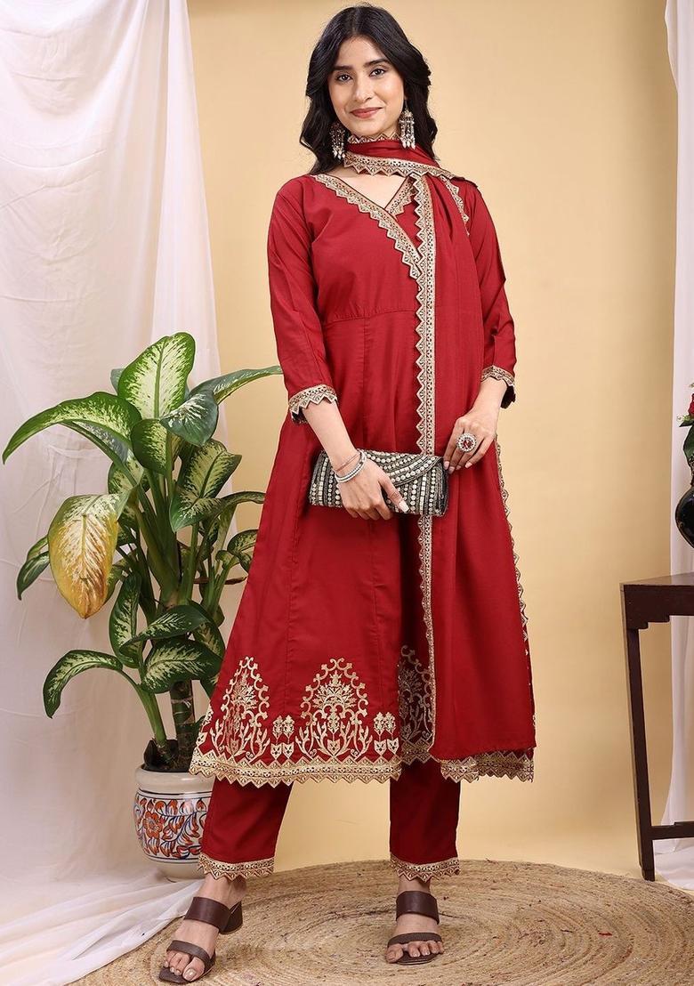 Maroon Embroidered Silk Kurta Set - Indya