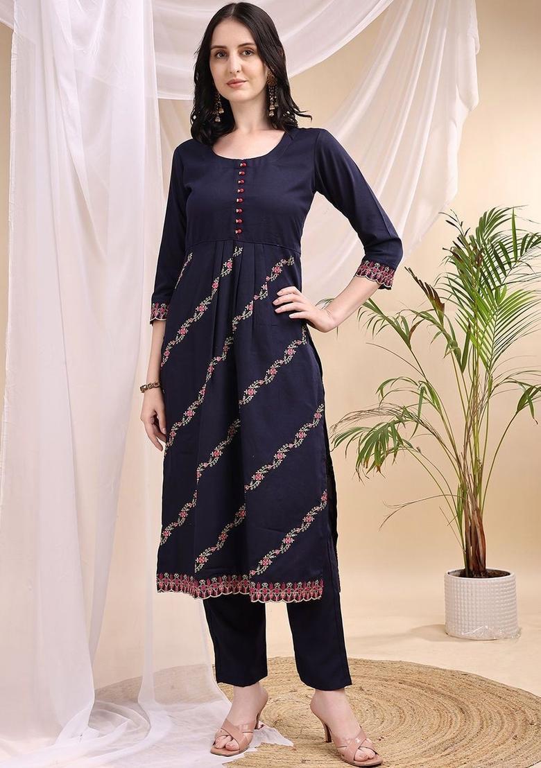 Navy Blue Embroidered Viscose Kurta Set - Indya