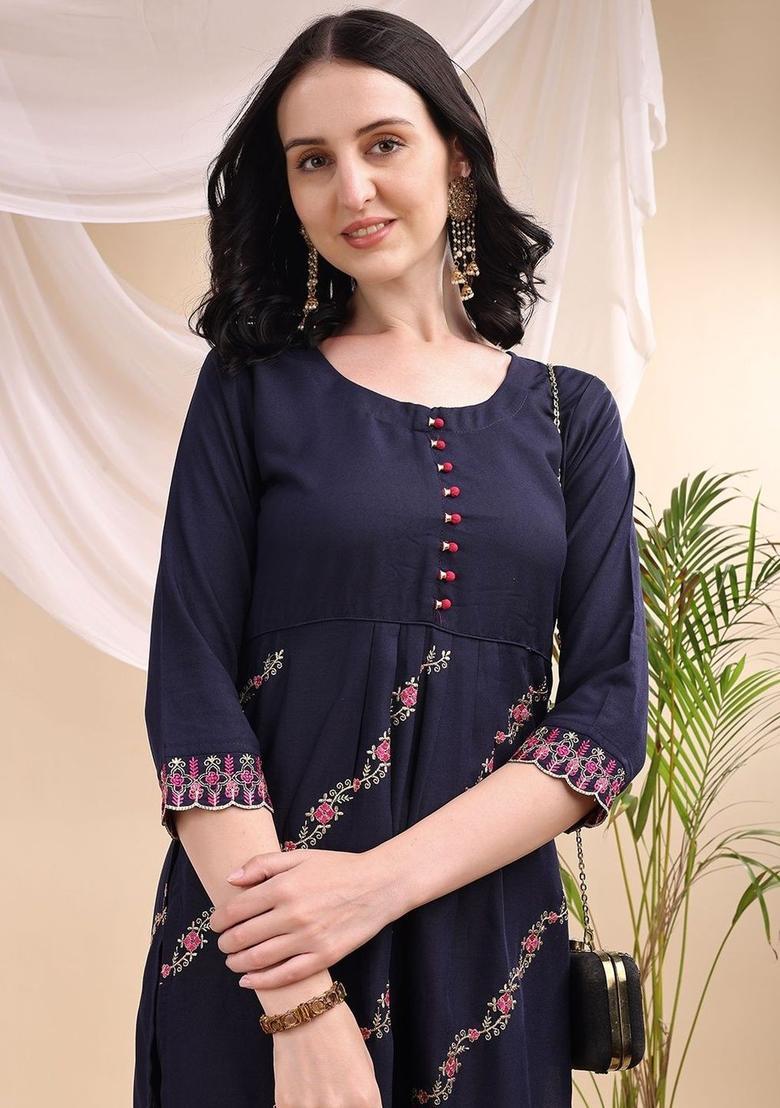 Navy Blue Embroidered Viscose Kurta Set - Indya