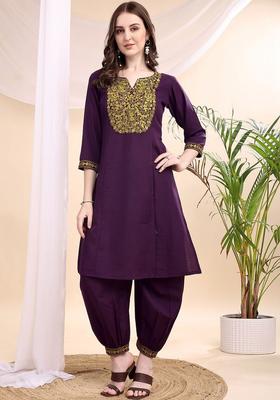 Purple Embroidered Viscose Kurta Set