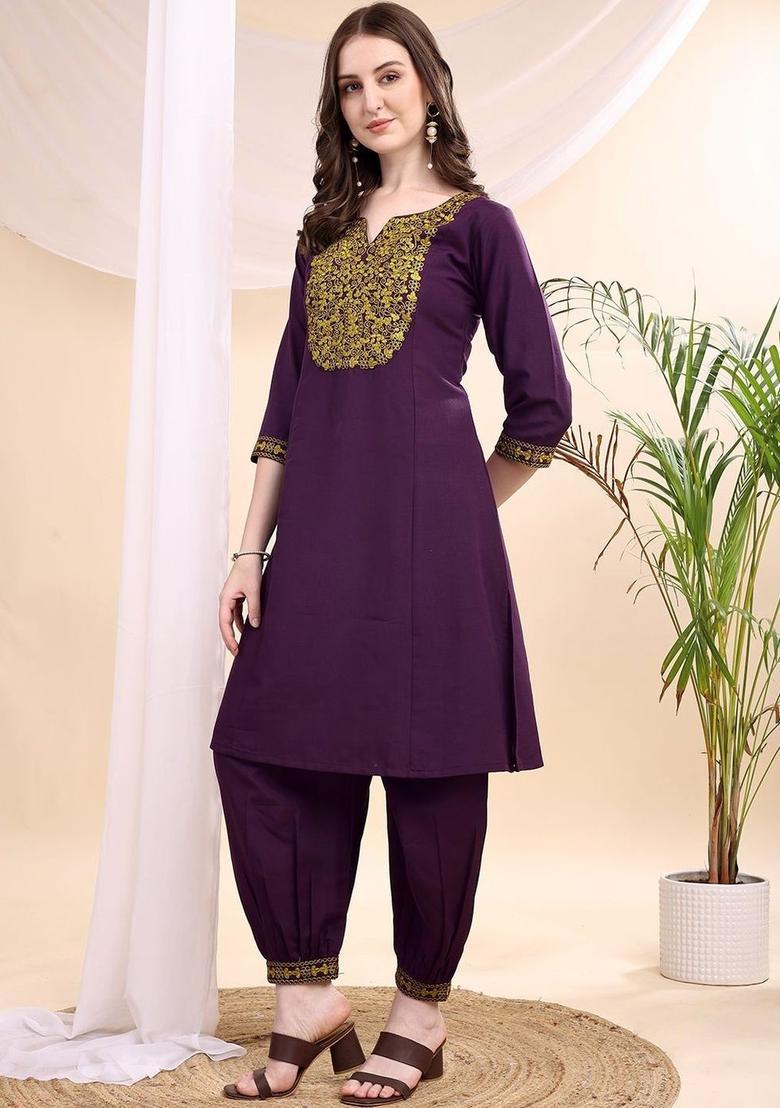 Purple Embroidered Viscose Kurta Set - Indya