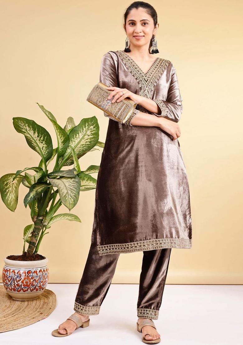 Brown Embroidered Velvet Kurta Set - Indya