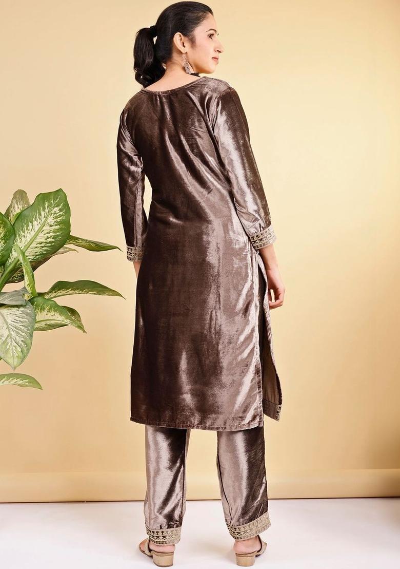 Brown Embroidered Velvet Kurta Set - Indya