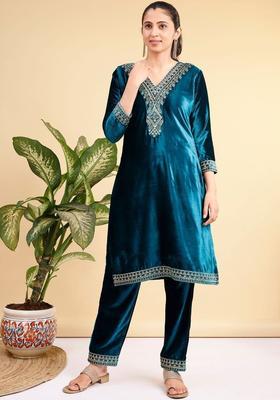 Teal Embroidered Velvet Kurta Set